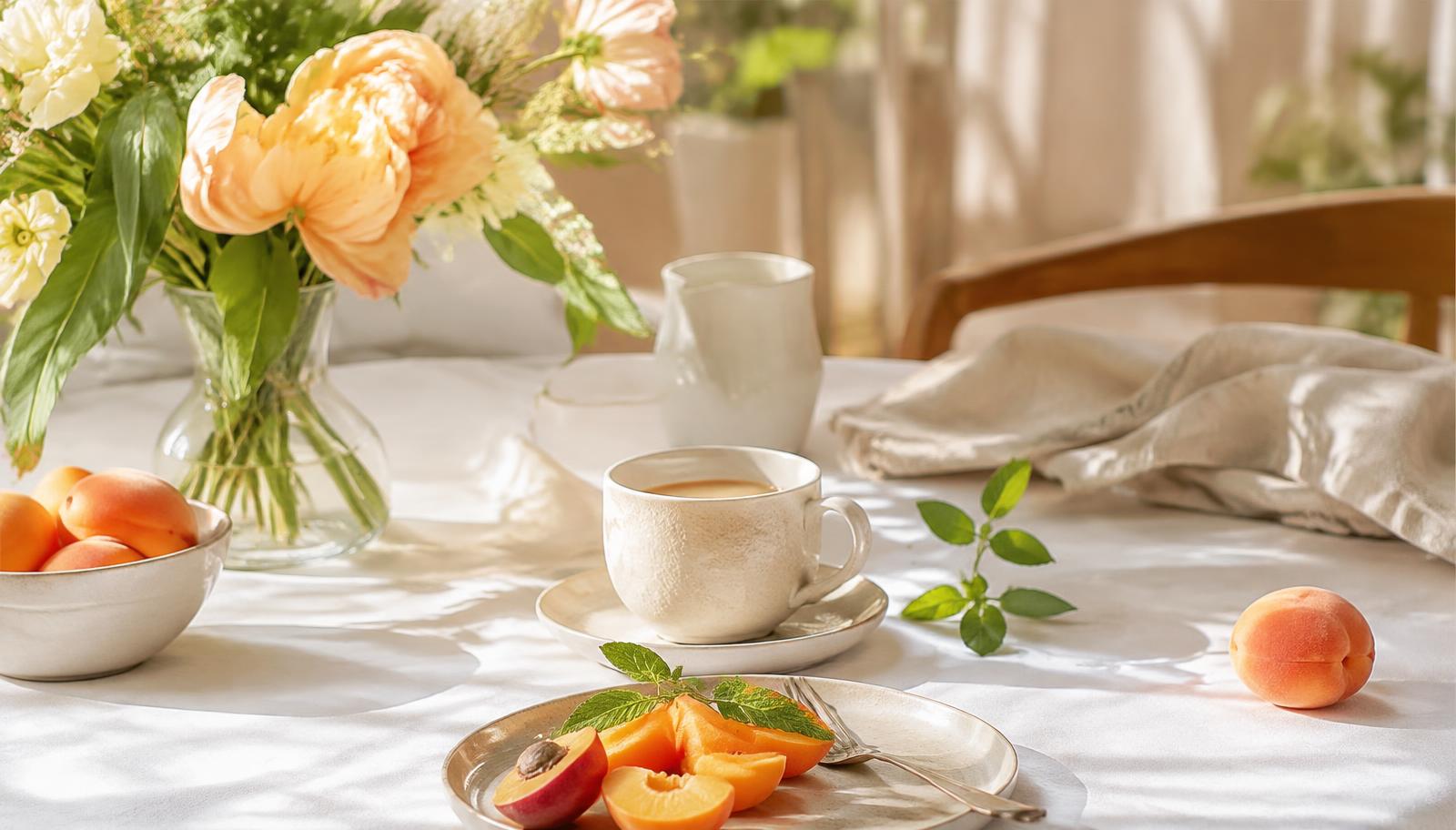 Sonniger Frühstückstisch mit Blumen und Aprikosen