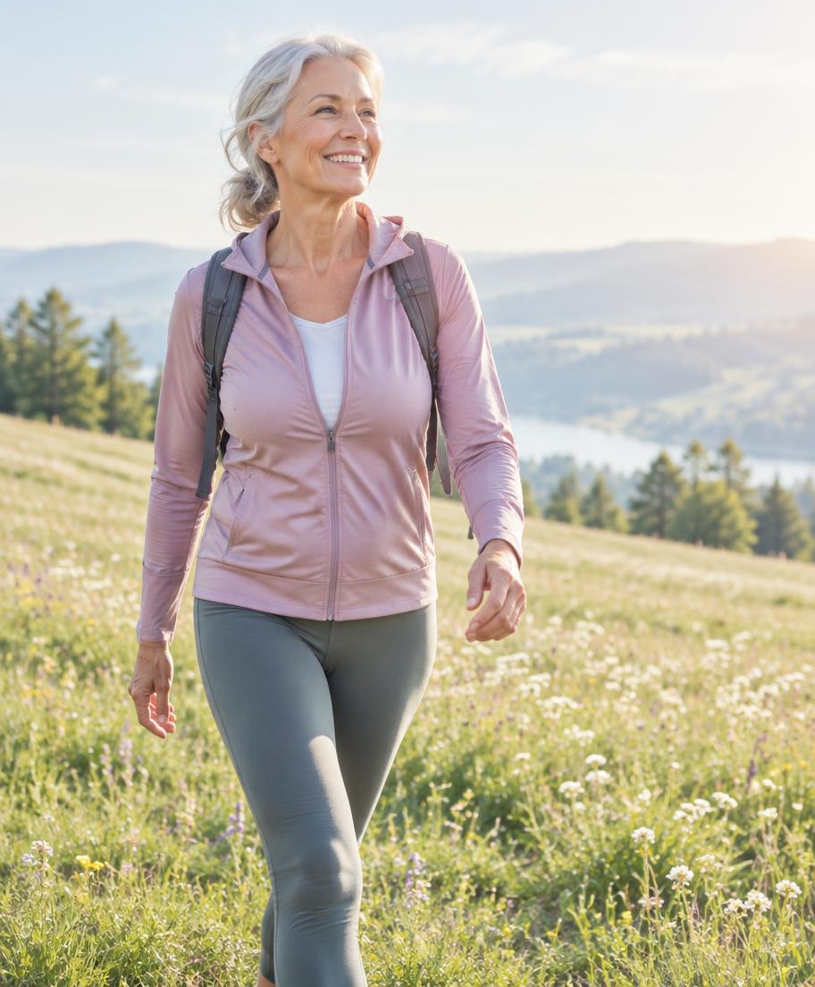 Frau beim Wandern auf einer Blumenwiese